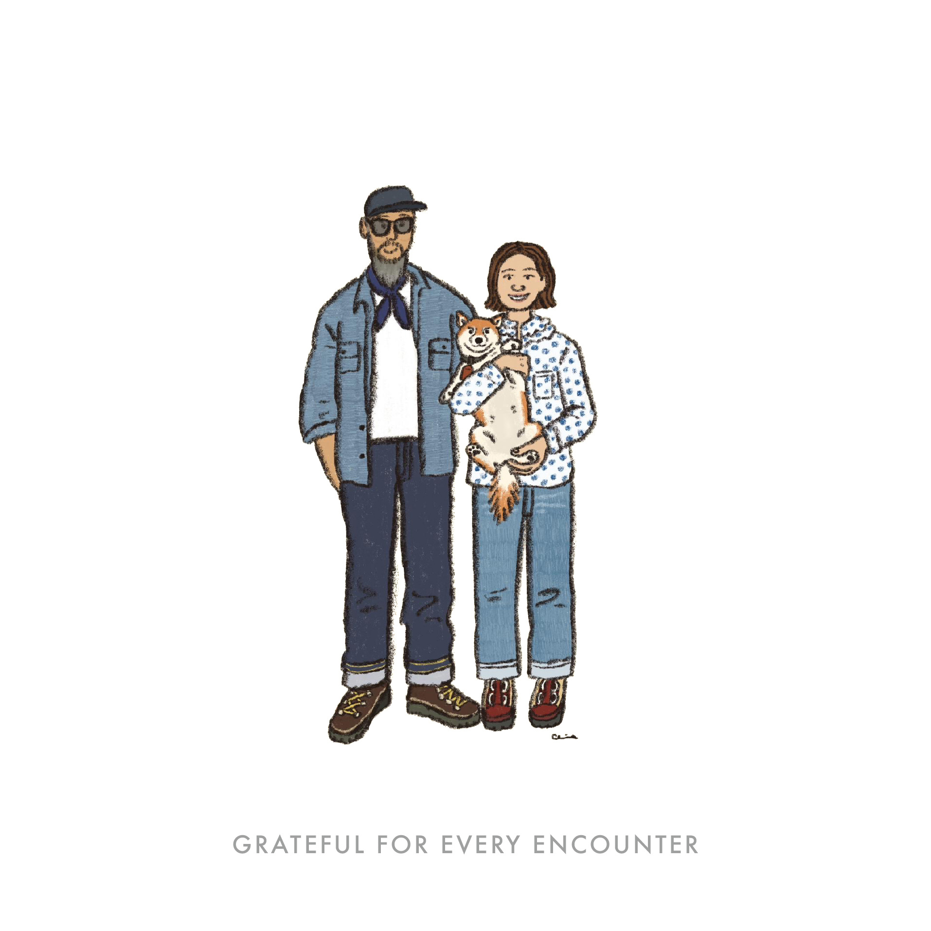 BENEFICO代表と妻、愛犬の柴犬レノを描いたイラスト。人との出会いへの感謝を表現